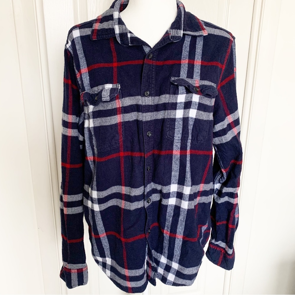 George Plaid Flannel Button Down Long Sleeve Top Blue Red White Sz XL
